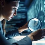 Young businesswoman searches data with magnifying glass generated by artificial intelligence
